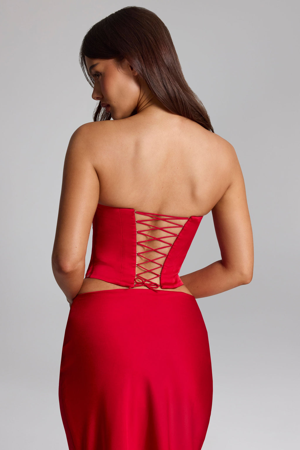Curved Lace-Up Corset Top in Fire Red
