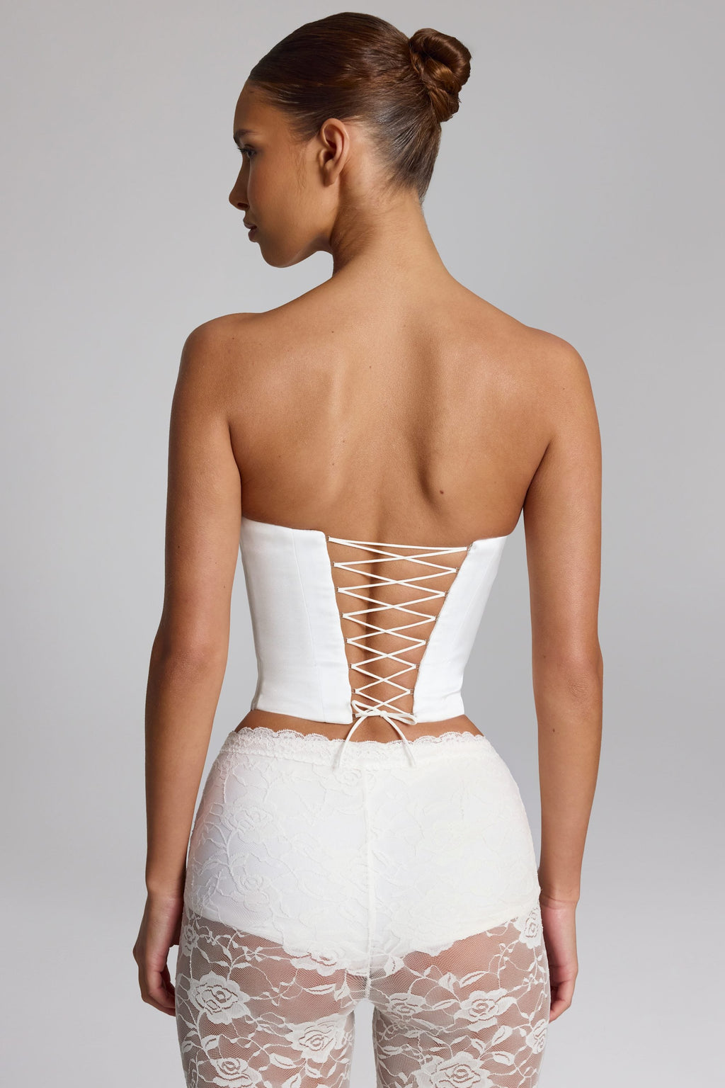 Curved Lace-Up Corset Top in White