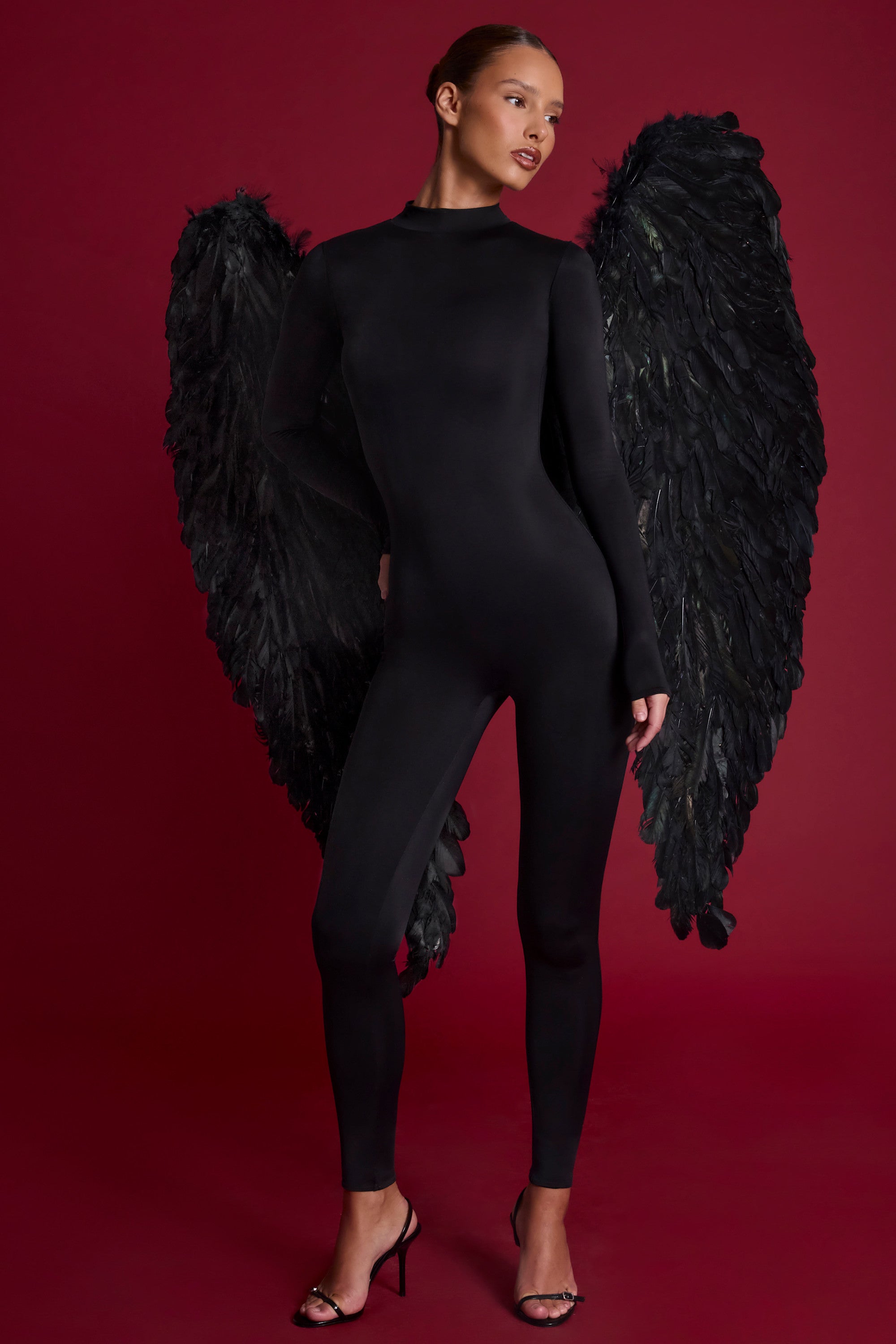 High Neck Long Sleeve Jumpsuit in Black