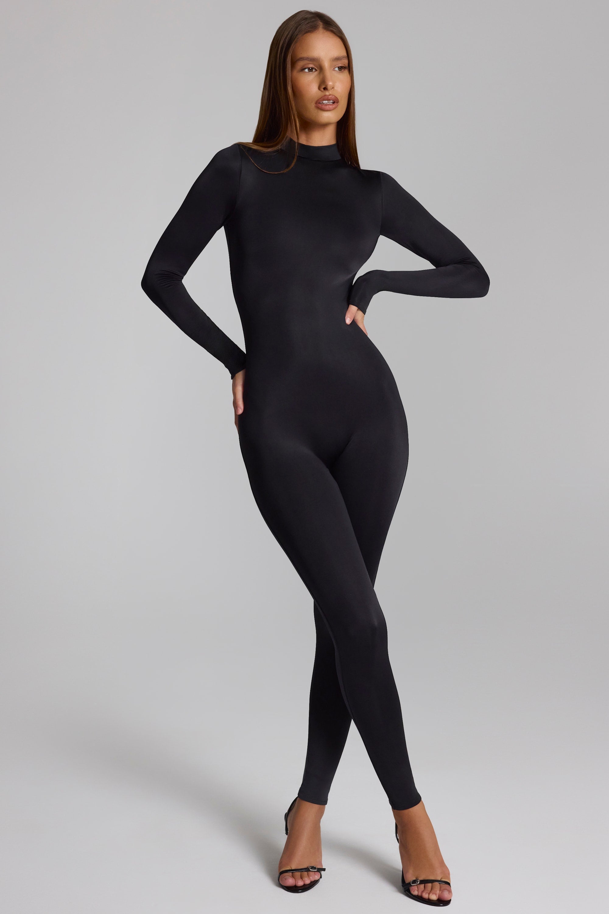 High Neck Long Sleeve Jumpsuit in Black